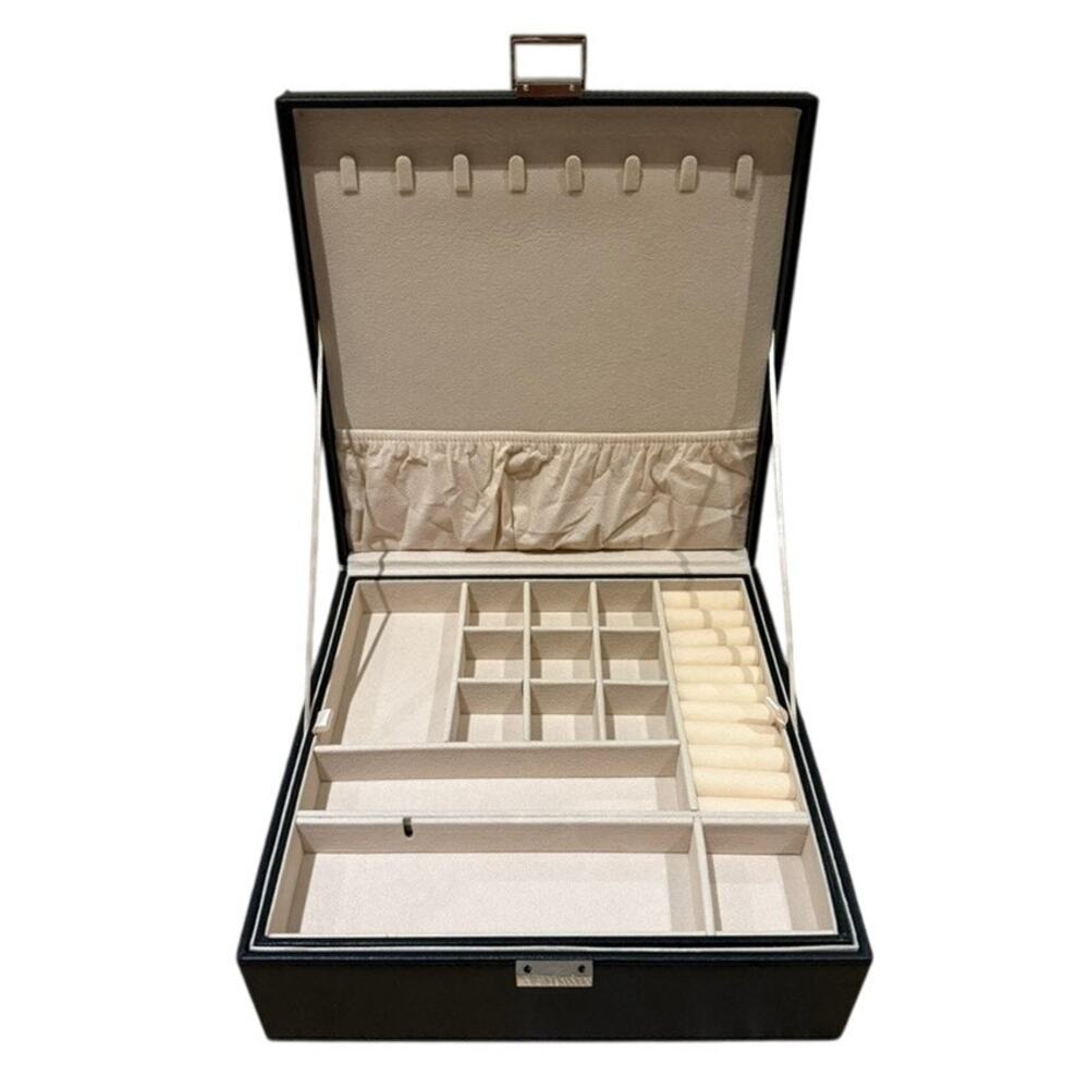 Black Leather Jewelry Storage Box with Multiple Compartments & Removable Tray